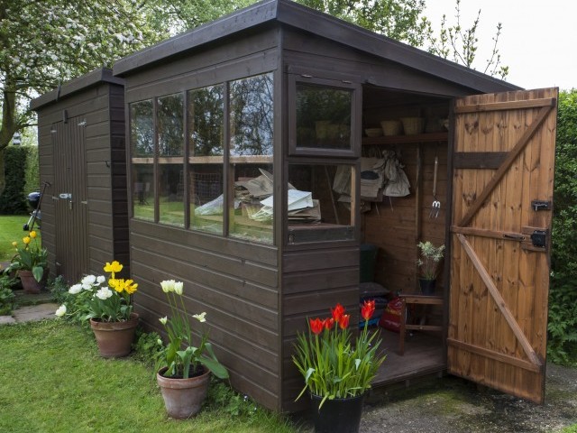 Garden shed with door open, tools, flowers, and plant pots.